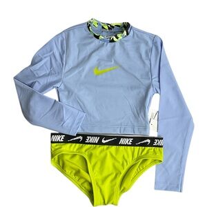 Nike Kids Swim 2 Piece Rashguard Set Long Sleeves Blue Bikini Bottom Neon Green
